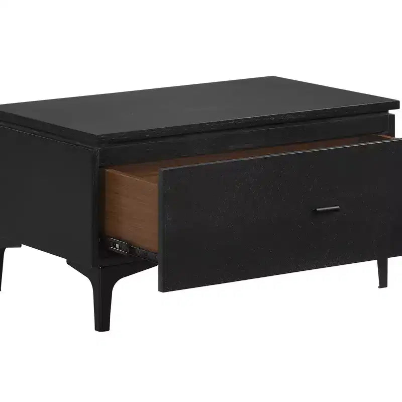 1 Drawer Nightstand with Soft-Close Drawer and Metal Legs – Modern Black Bedside Table with Ash Veneer
