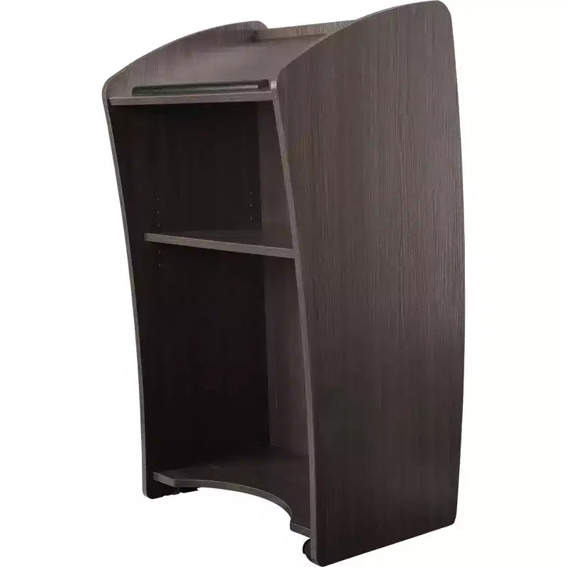 Vortrags-Pult mit zwei Regalen und leicht rollbaren Rollen – moderner Laminat-Präsentationsständer, Ribbonwood  