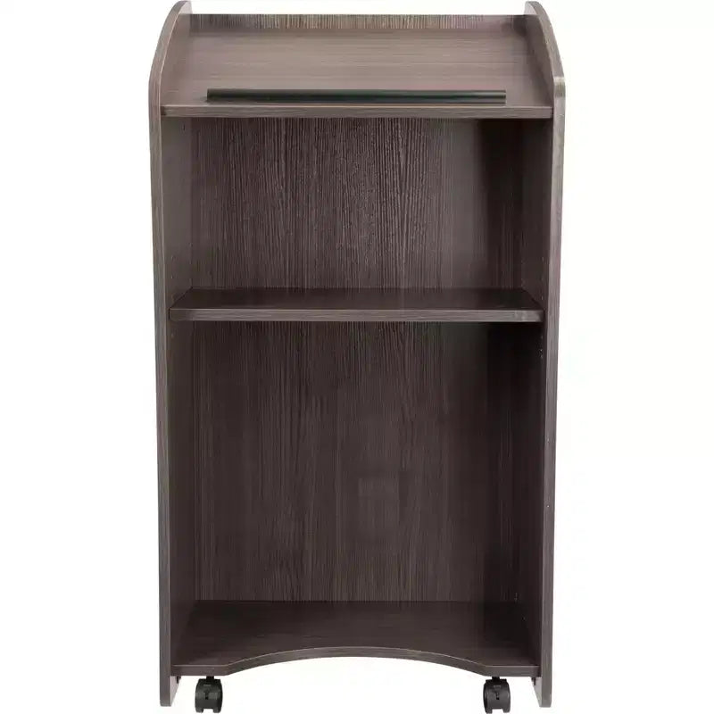Vortrags-Pult mit zwei Regalen und leicht rollbaren Rollen – moderner Laminat-Präsentationsständer, Ribbonwood  