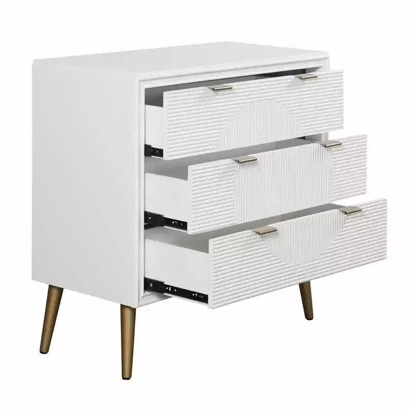 3 Drawer Chest with Fluted Drawer Panels and Copper Pulls – Painted MDF Dresser, White/Copper