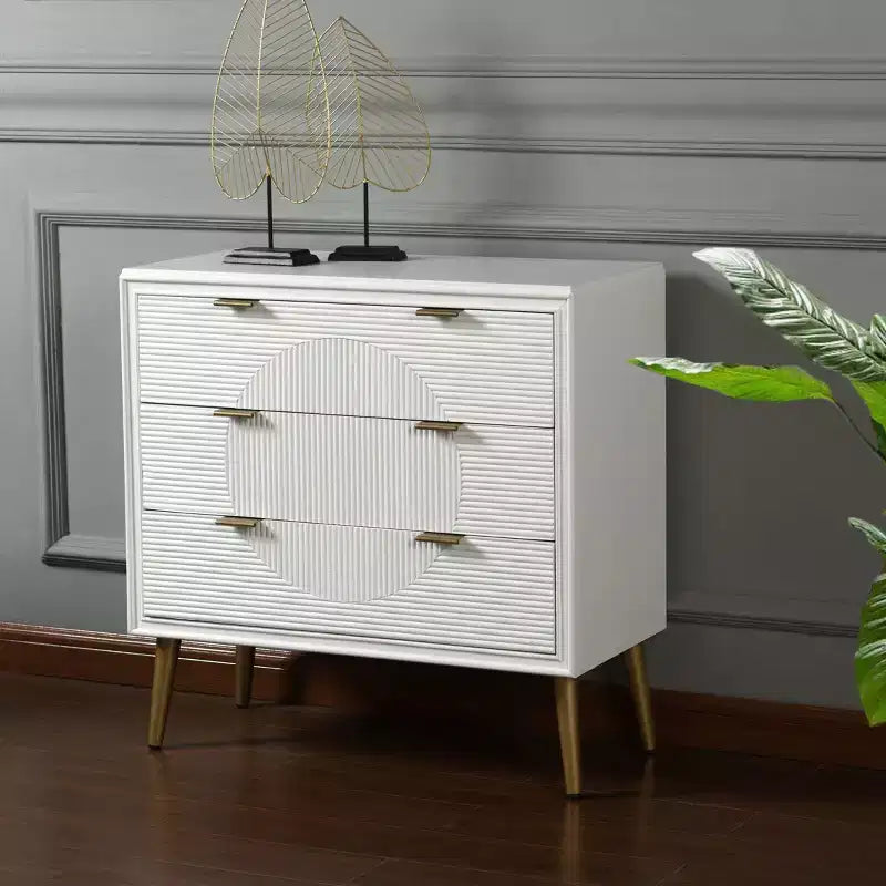 3 Drawer Chest with Fluted Drawer Panels and Copper Pulls – Painted MDF Dresser, White/Copper