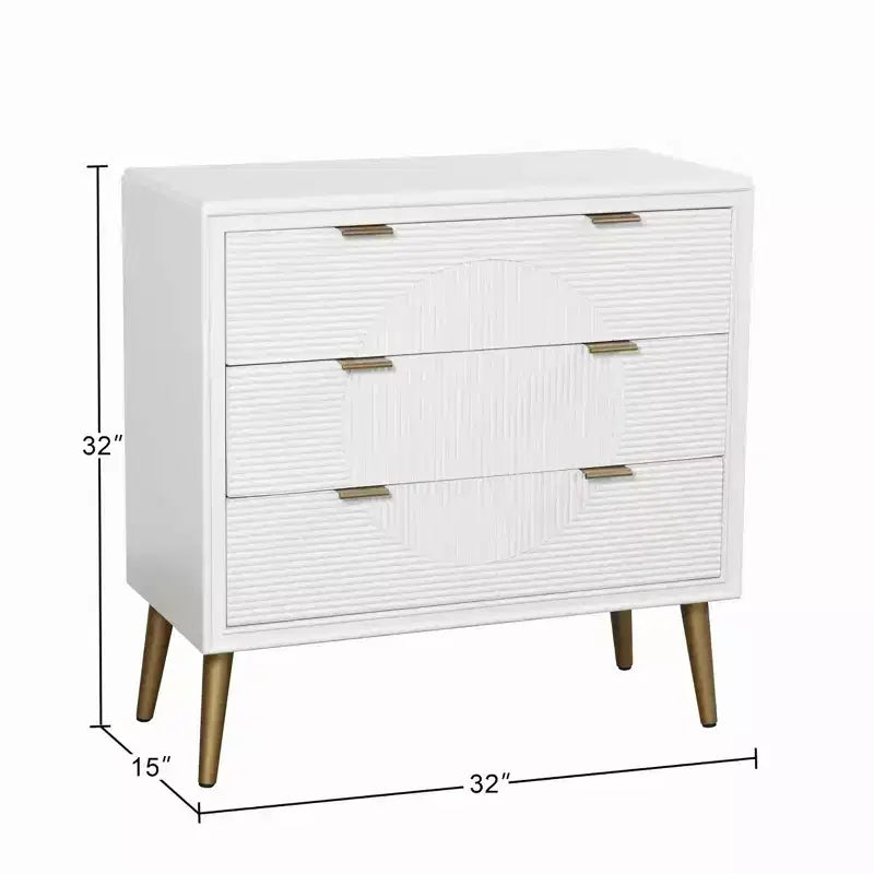 3 Drawer Chest with Fluted Drawer Panels and Copper Pulls – Painted MDF Dresser, White/Copper