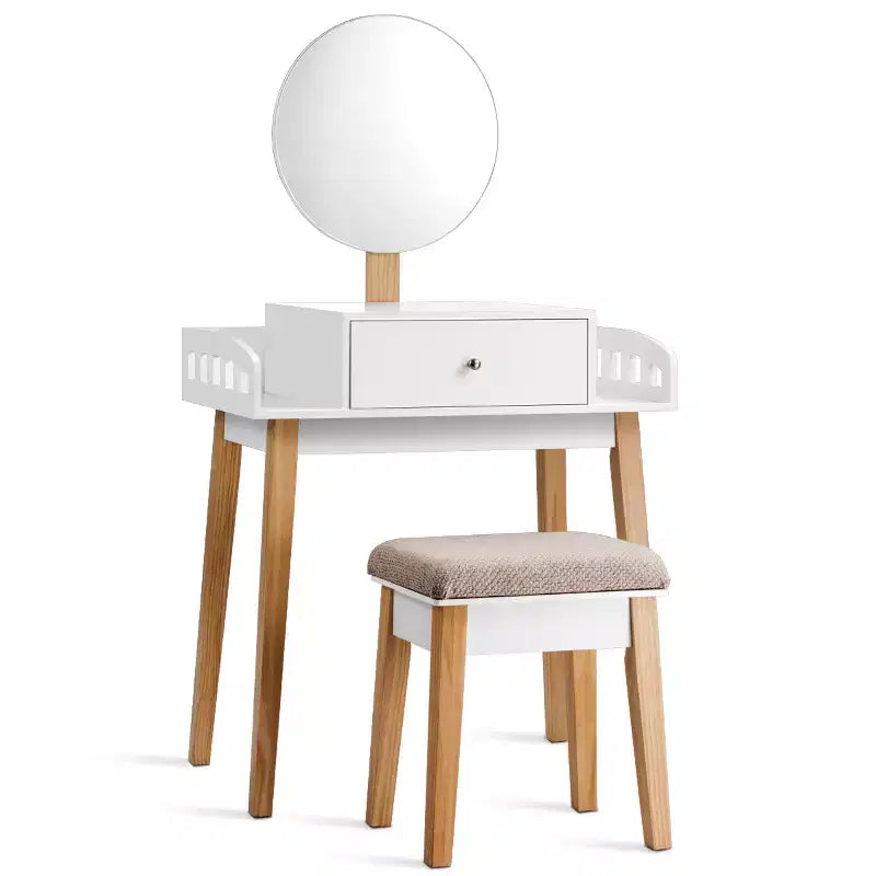 Wooden Makeup Vanity Dressing Table with Round Mirror, Drawer & Stool – White