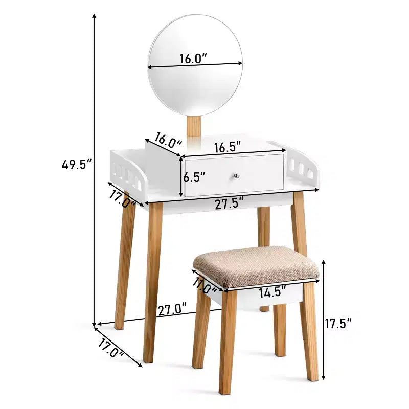 Wooden Makeup Vanity Dressing Table with Round Mirror, Drawer & Stool – White