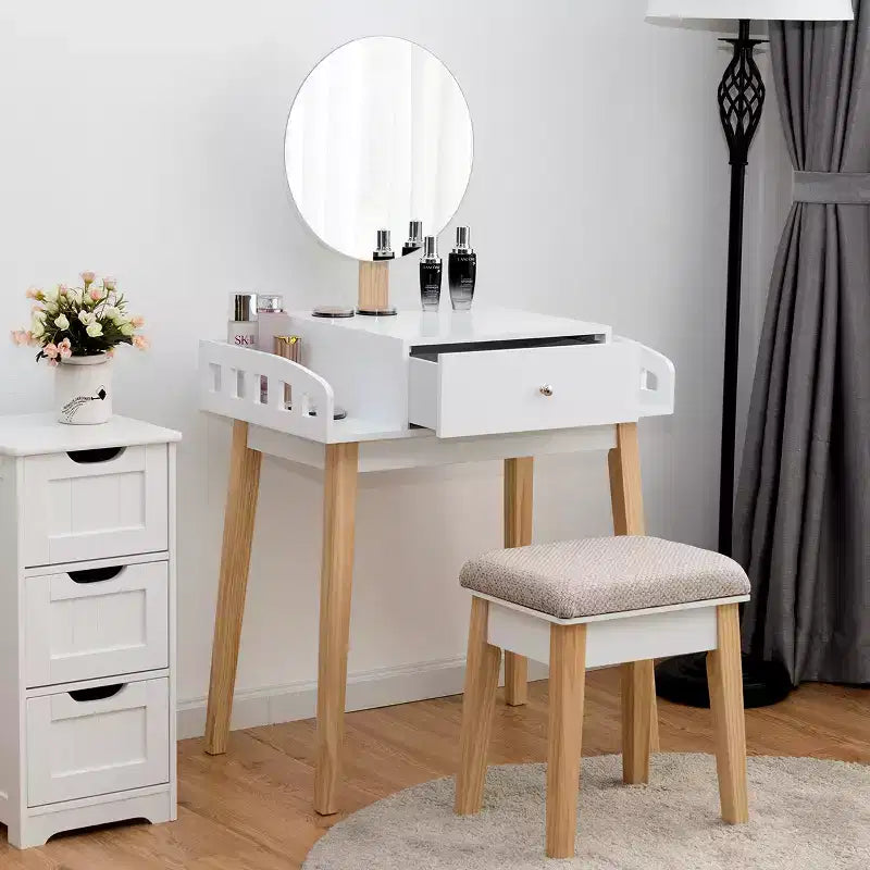 Wooden Makeup Vanity Dressing Table with Round Mirror, Drawer & Stool – White