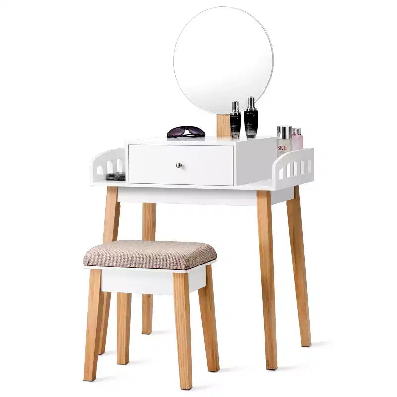 Wooden Makeup Vanity Dressing Table with Round Mirror, Drawer & Stool – White