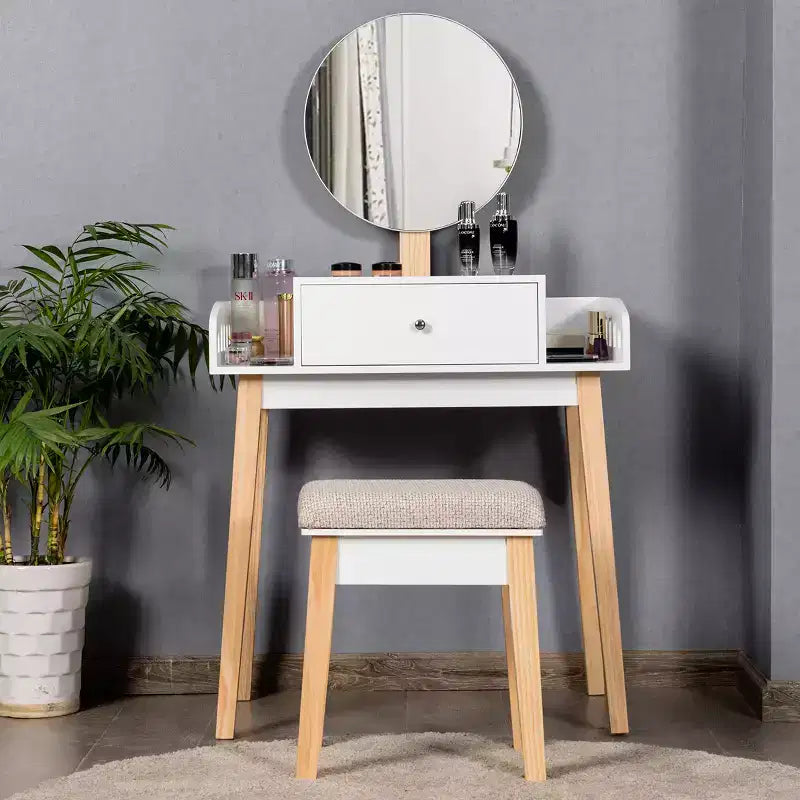 Wooden Makeup Vanity Dressing Table with Round Mirror, Drawer & Stool – White