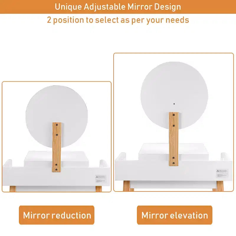 Wooden Makeup Vanity Dressing Table with Round Mirror, Drawer & Stool – White