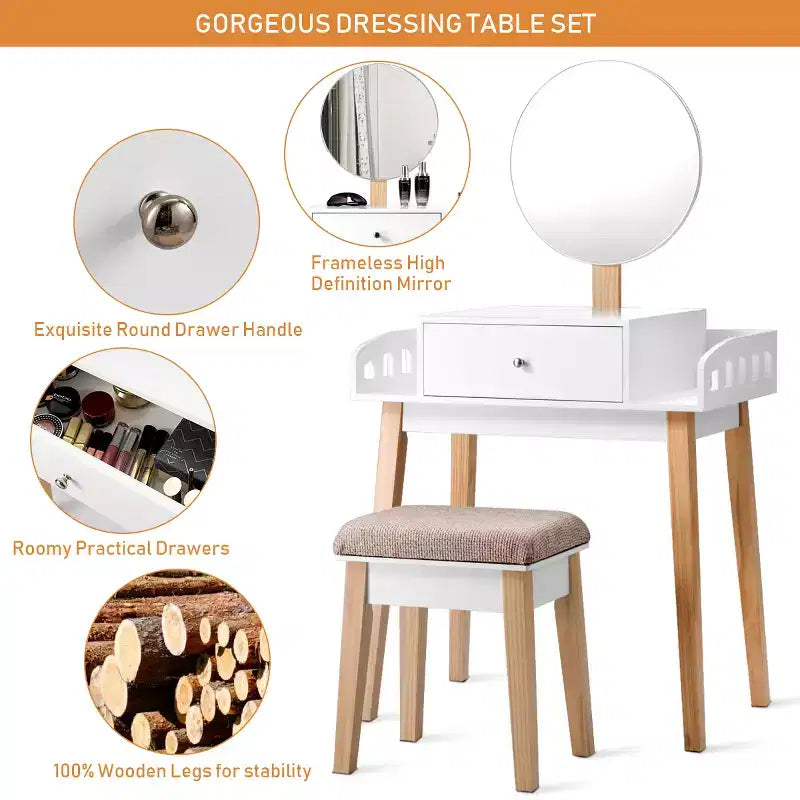 Wooden Makeup Vanity Dressing Table with Round Mirror, Drawer & Stool – White