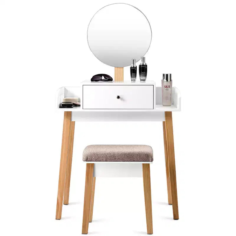 Wooden Makeup Vanity Dressing Table with Round Mirror, Drawer & Stool – White