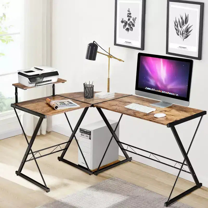 58"x44" L-Shaped Computer Gaming Desk with Monitor Stand & Host Tray – Corner Home Office Desk