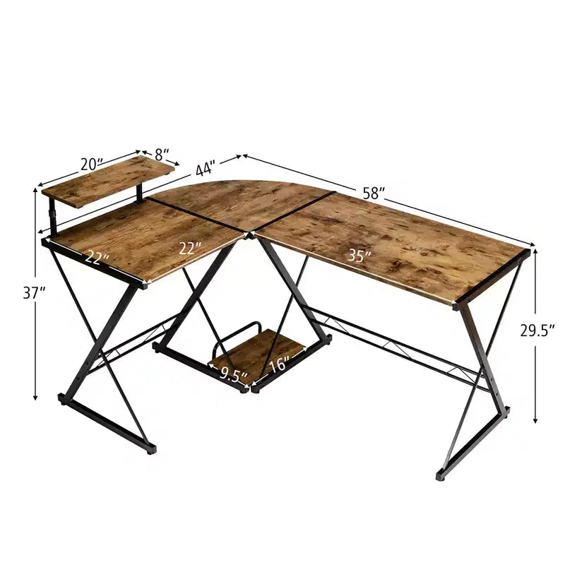 58"x44" L-Shaped Computer Gaming Desk with Monitor Stand & Host Tray – Corner Home Office Desk