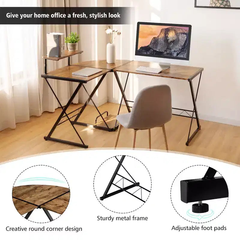 58"x44" L-Shaped Computer Gaming Desk with Monitor Stand & Host Tray – Corner Home Office Desk