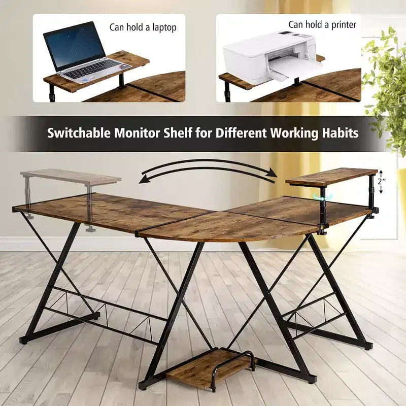 58"x44" L-Shaped Computer Gaming Desk with Monitor Stand & Host Tray – Corner Home Office Desk