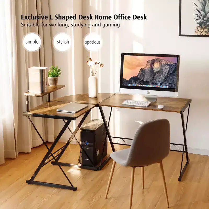 58"x44" L-Shaped Computer Gaming Desk with Monitor Stand & Host Tray – Corner Home Office Desk