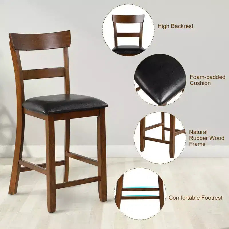 Set of 4 Counter Height Bar Stools with Leather Seat & Rubber Wood Legs – 25.5" Seat Height