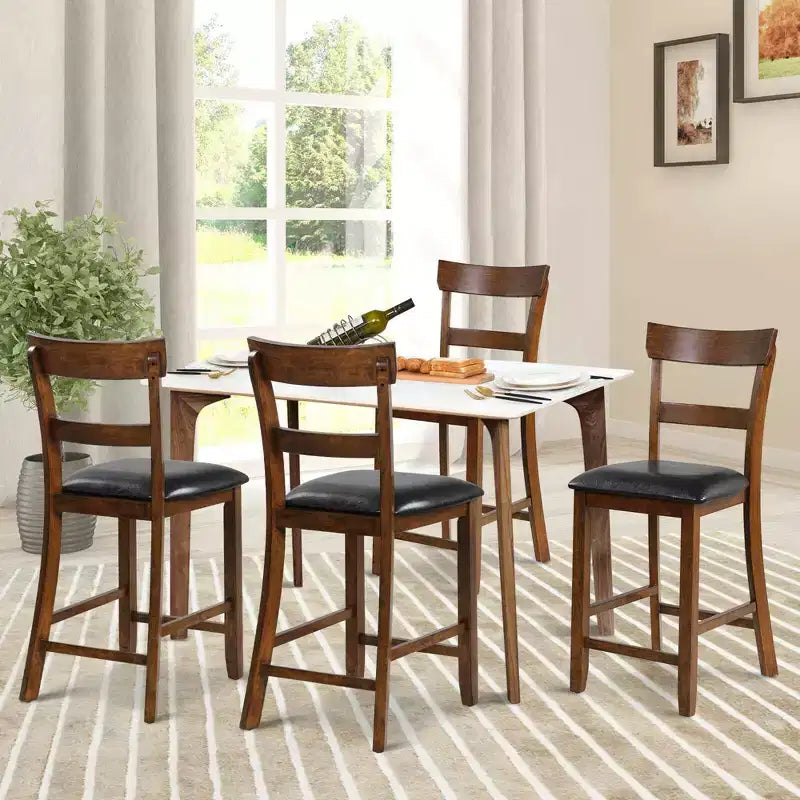 Set of 4 Counter Height Bar Stools with Leather Seat & Rubber Wood Legs – 25.5" Seat Height
