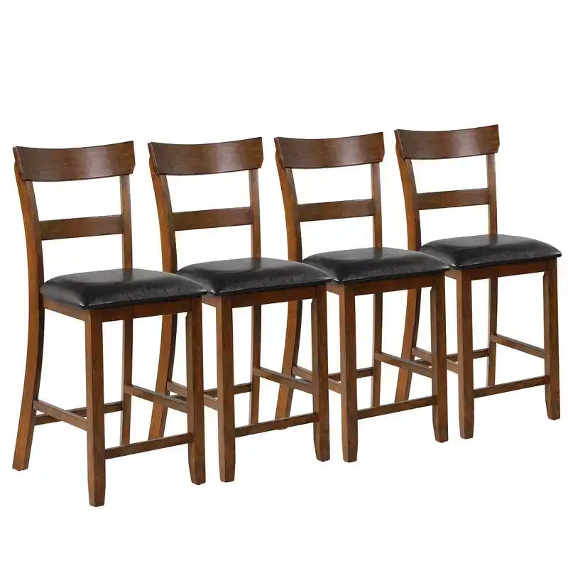 Set of 4 Counter Height Bar Stools with Leather Seat & Rubber Wood Legs – 25.5" Seat Height