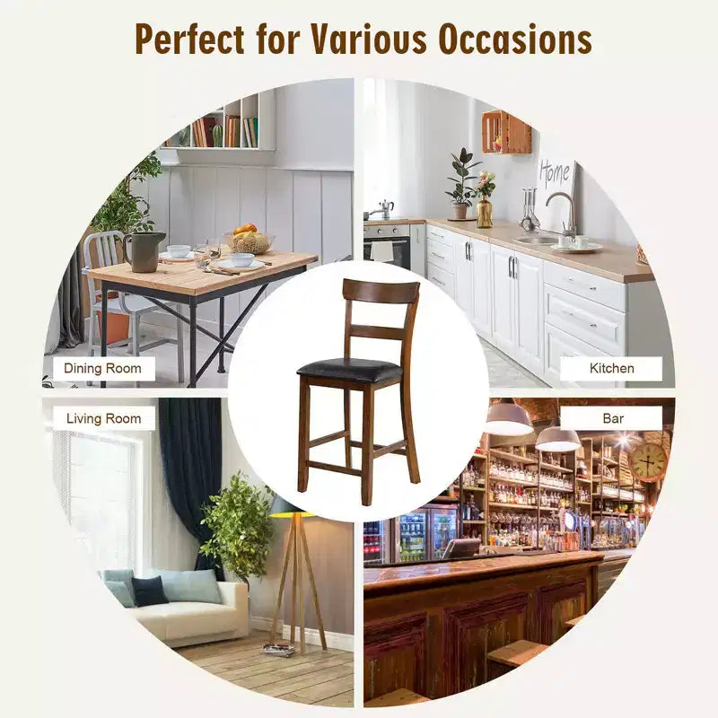 Set of 4 Counter Height Bar Stools with Leather Seat & Rubber Wood Legs – 25.5" Seat Height