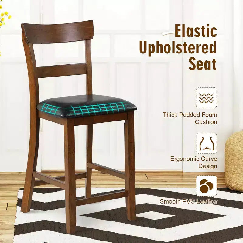 Set of 4 Counter Height Bar Stools with Leather Seat & Rubber Wood Legs – 25.5" Seat Height