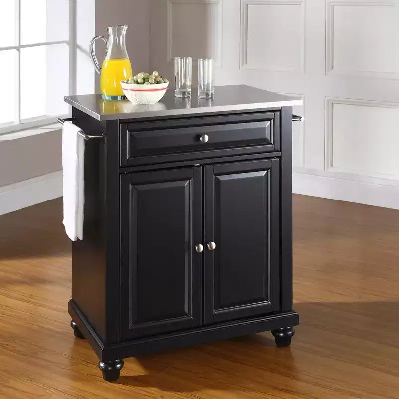 Portable Kitchen Island Cart with Stainless Steel Top, 2 Doors, Drawer & Adjustable Shelves