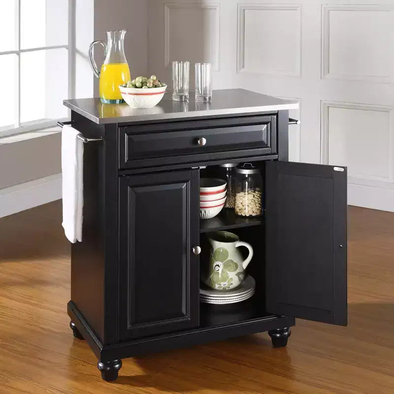 Portable Kitchen Island Cart with Stainless Steel Top, 2 Doors, Drawer & Adjustable Shelves