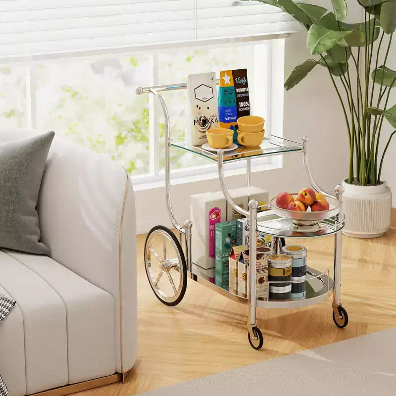 3-Tier Home Bar Serving Cart on Wheels with Mirrored Shelves – Rolling Drink and Beverage Cart for Kitchen