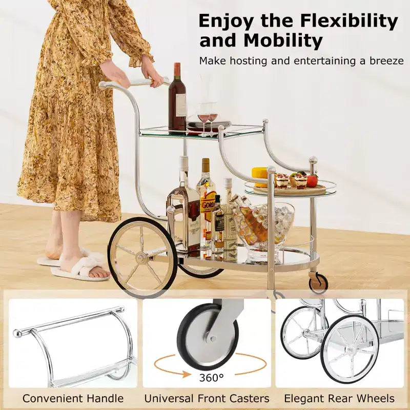 3-Tier Home Bar Serving Cart on Wheels with Mirrored Shelves – Rolling Drink and Beverage Cart for Kitchen