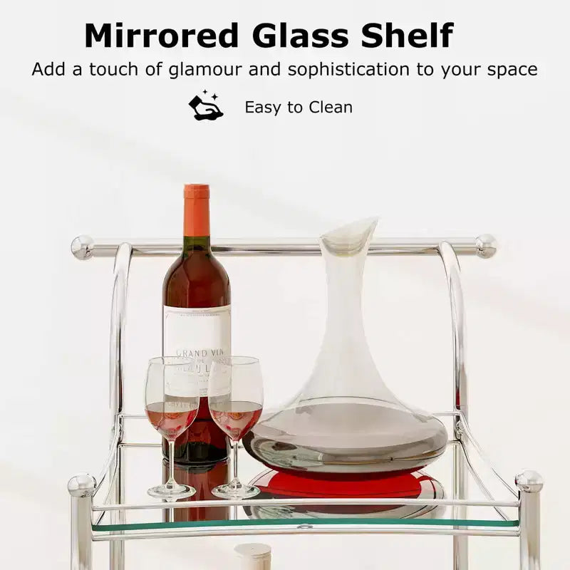 3-Tier Home Bar Serving Cart on Wheels with Mirrored Shelves – Rolling Drink and Beverage Cart for Kitchen