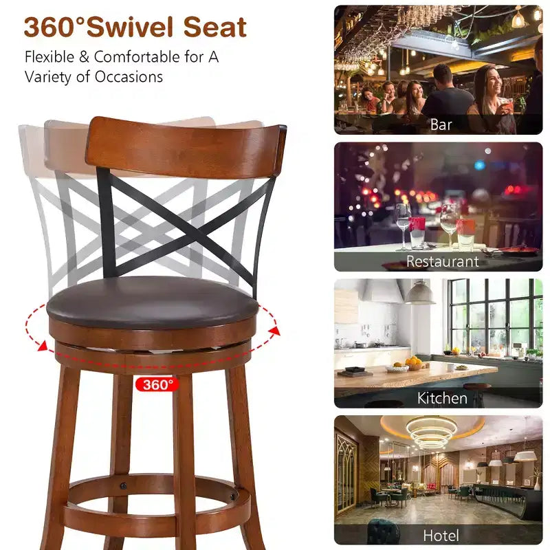 Set of 2 Swivel Bar Stools, 29.5-Inch Dining Bar Chairs with Padded Seats and Rubber Wood Legs