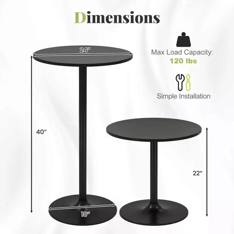 Set of 4 Round Pub Tables, 24-Inch Dual-Height Bistro Bar Cocktail Tables with Metal Base – Black