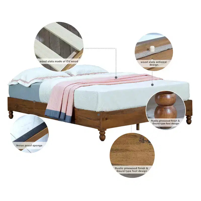 12 Inch Solid Pine Wood Platform Bed Frame with Wooden Slats – King Size Rustic Bed Frame, No Box Spring Needed