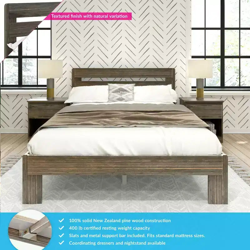 Modern Farmhouse Queen Slat Bed with Plank Headboard – Solid Pine Wood Platform Bed for Kids
