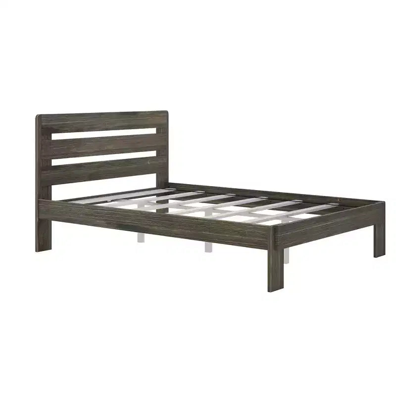 Modern Farmhouse Queen Slat Bed with Plank Headboard – Solid Pine Wood Platform Bed for Kids