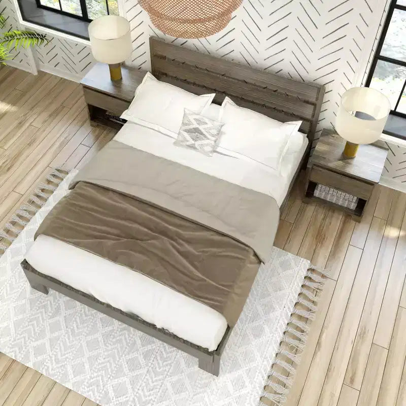 Modern Farmhouse Queen Slat Bed with Plank Headboard – Solid Pine Wood Platform Bed for Kids