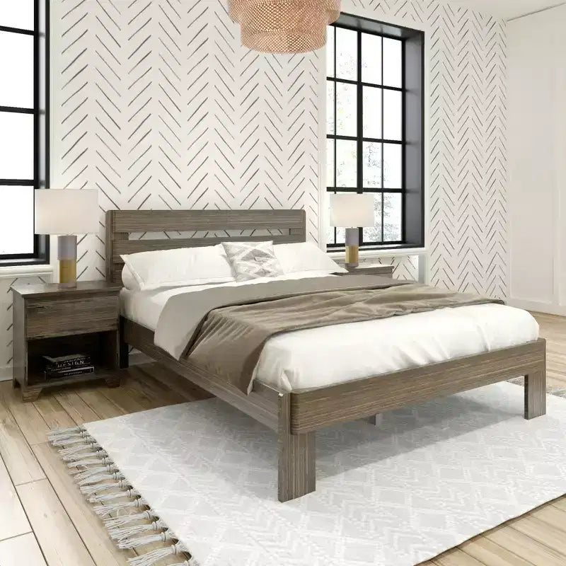 Modern Farmhouse Queen Slat Bed with Plank Headboard – Solid Pine Wood Platform Bed for Kids