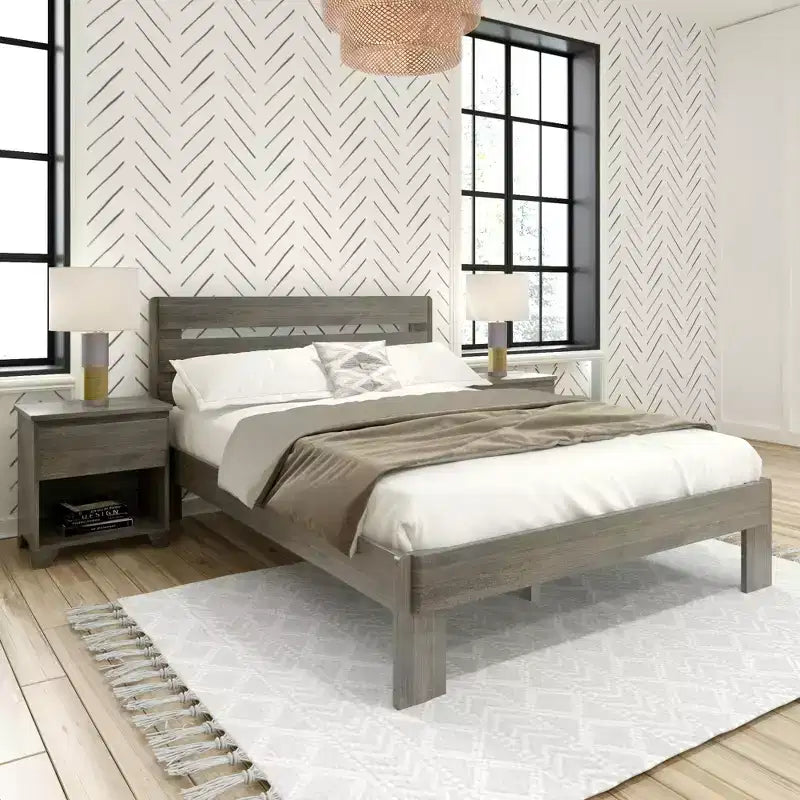 Modern Farmhouse Queen Slat Bed with Plank Headboard – Solid Pine Wood Platform Bed for Kids