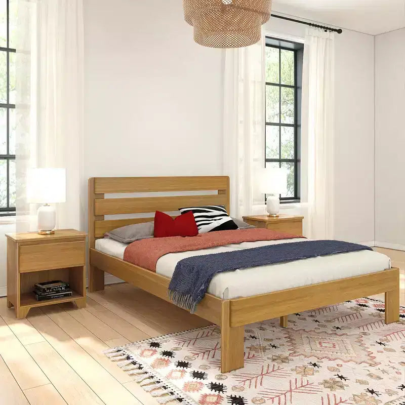 Modern Farmhouse Queen Slat Bed with Plank Headboard – Solid Pine Wood Platform Bed for Kids